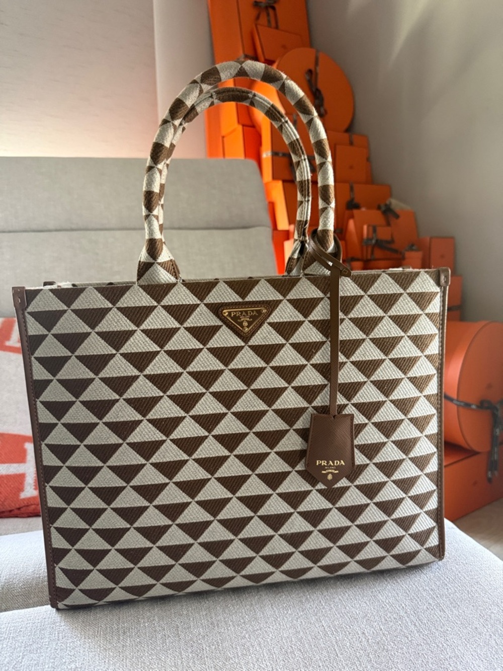 Prada Brown & Cream Tri-Pattern Canvas Tote